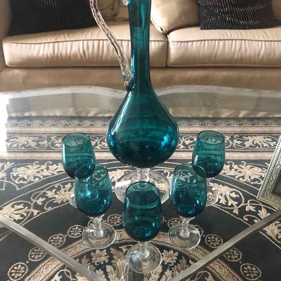 Rare Teal Empoli Decanter and Cordial Glasses - Picture 3 of 3